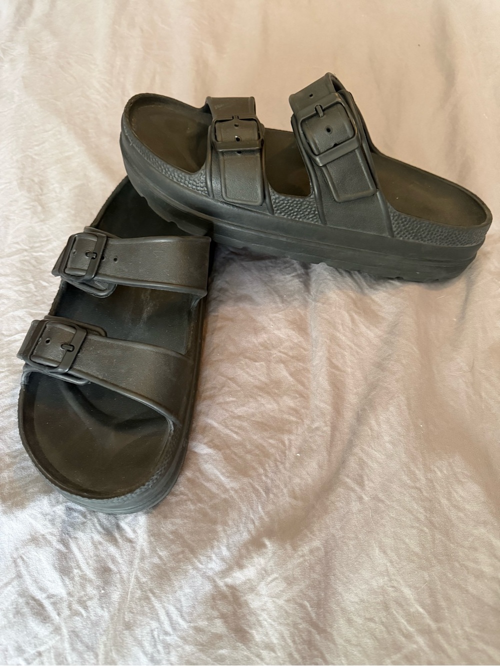 Black Double-Buckle Slide Sandals size 8.5
